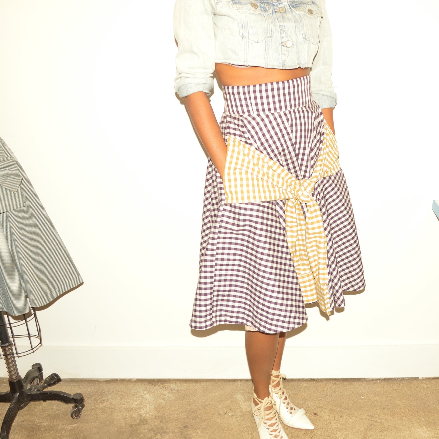 Mixed Gingham A-Line Shirt Skirt
